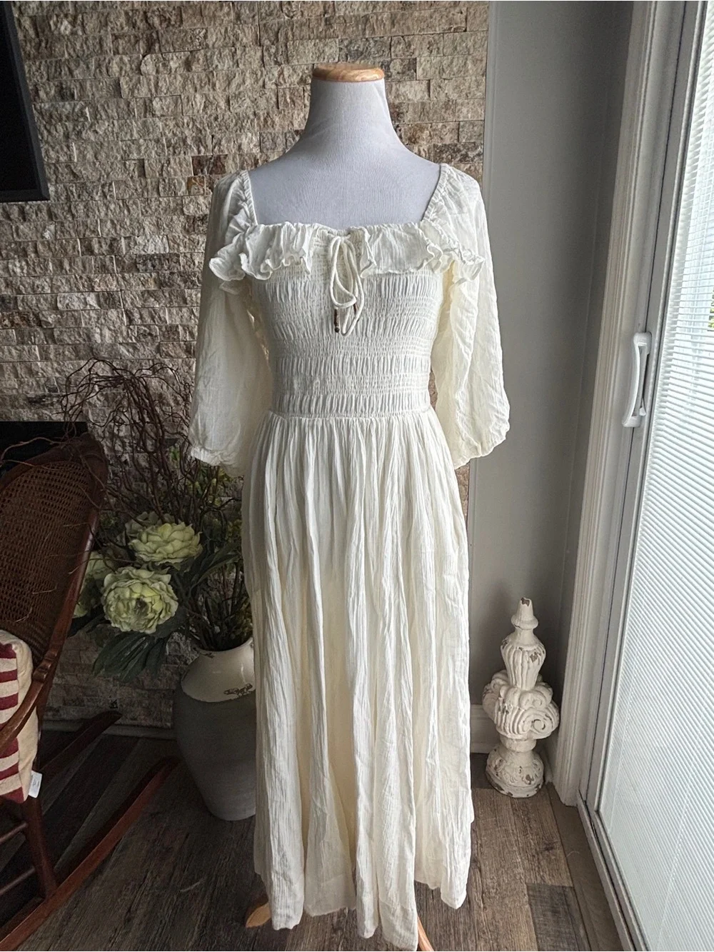 Free People Cream Ruffled Smocked Maxi Dress